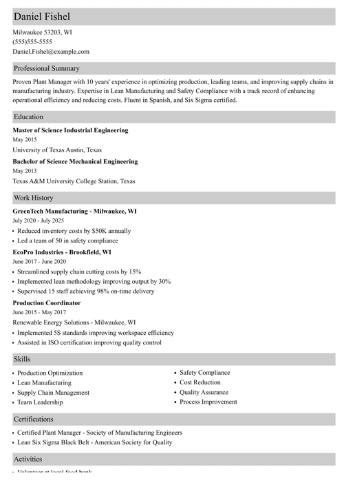plant manager resume example