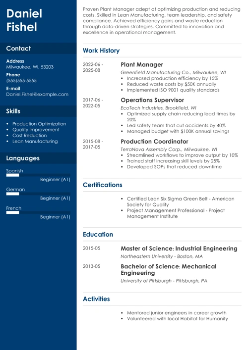 plant manager resume example