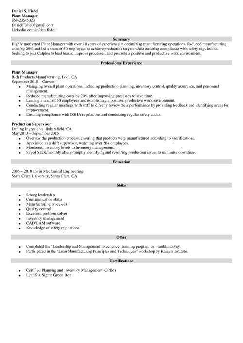 plant manager resume example