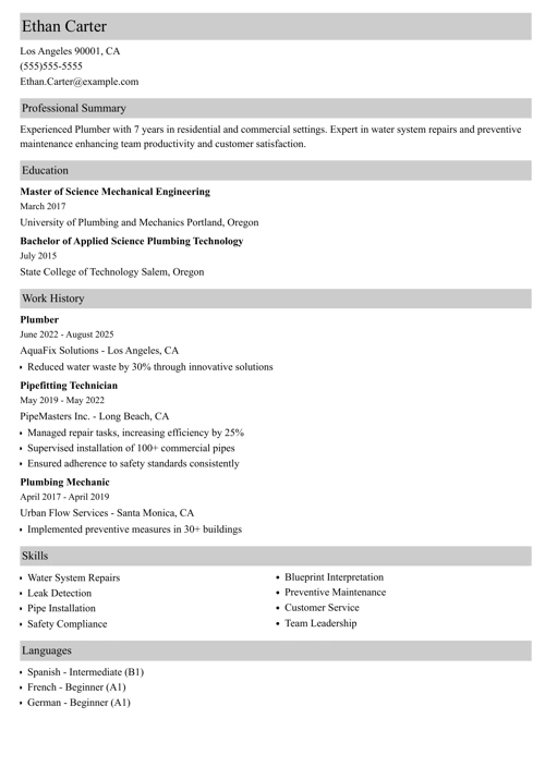 Plumber Resume Sample