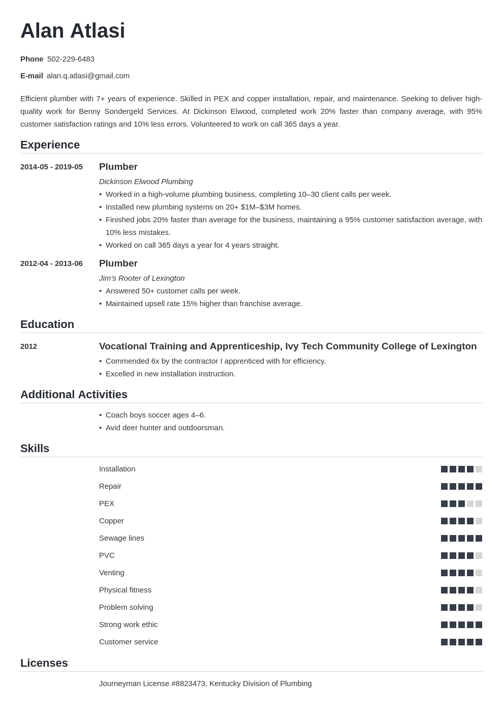 skills summary for resume plumber