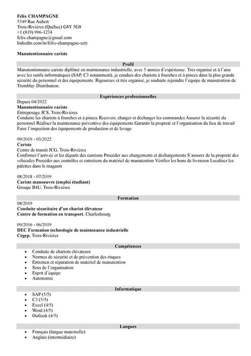 Exemple de CV de manutentionnaire cariste sans photo en noir et blanc