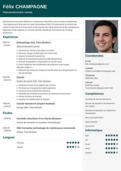 Exmple de CV de manutentionnaire cariste avec photo et en-tête vert foncé