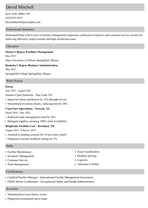 Porter Resume Sample