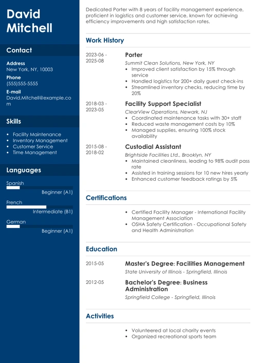 Porter Resume Sample