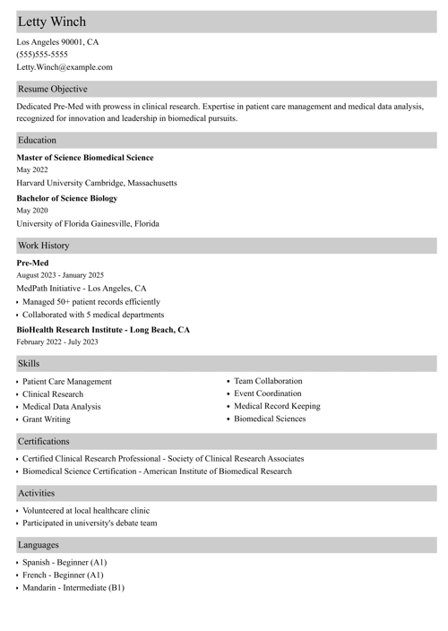 pre-med resume example