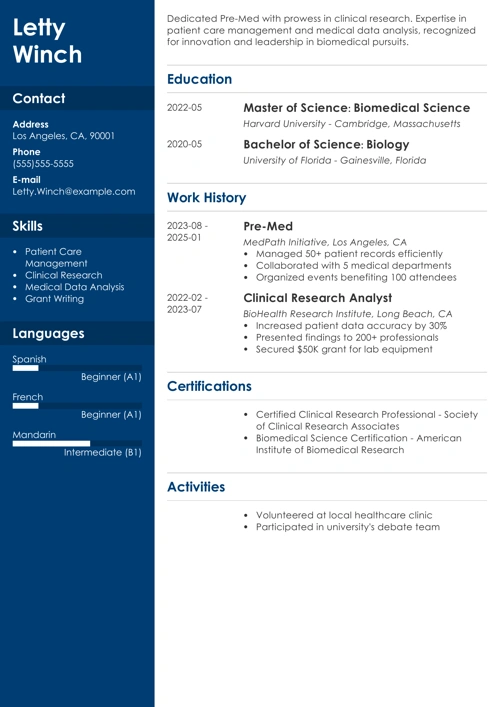 pre-med resume example