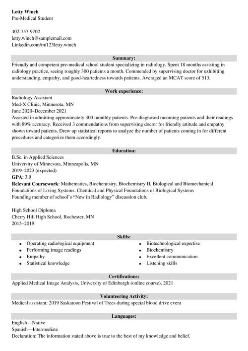 pre-med resume example
