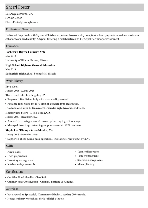 Prep cook resume sample