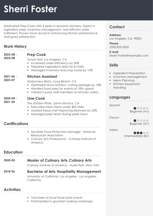 Prep cook resume sample
