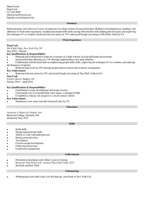 Prep cook resume sample