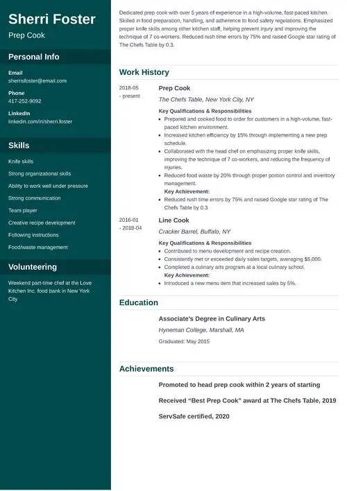 Prep cook resume sample