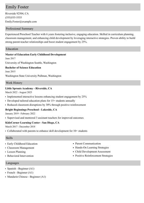 Preschool teacher resume example