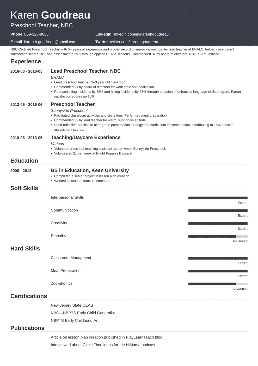 Preschool Teacher Resume Example [+Pre K Job Skills]