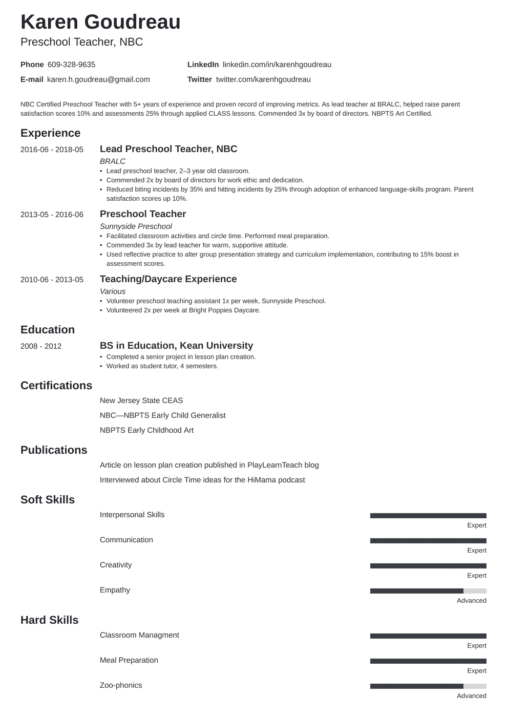 Preschool Teacher Resume Example [+Pre K Job Skills]