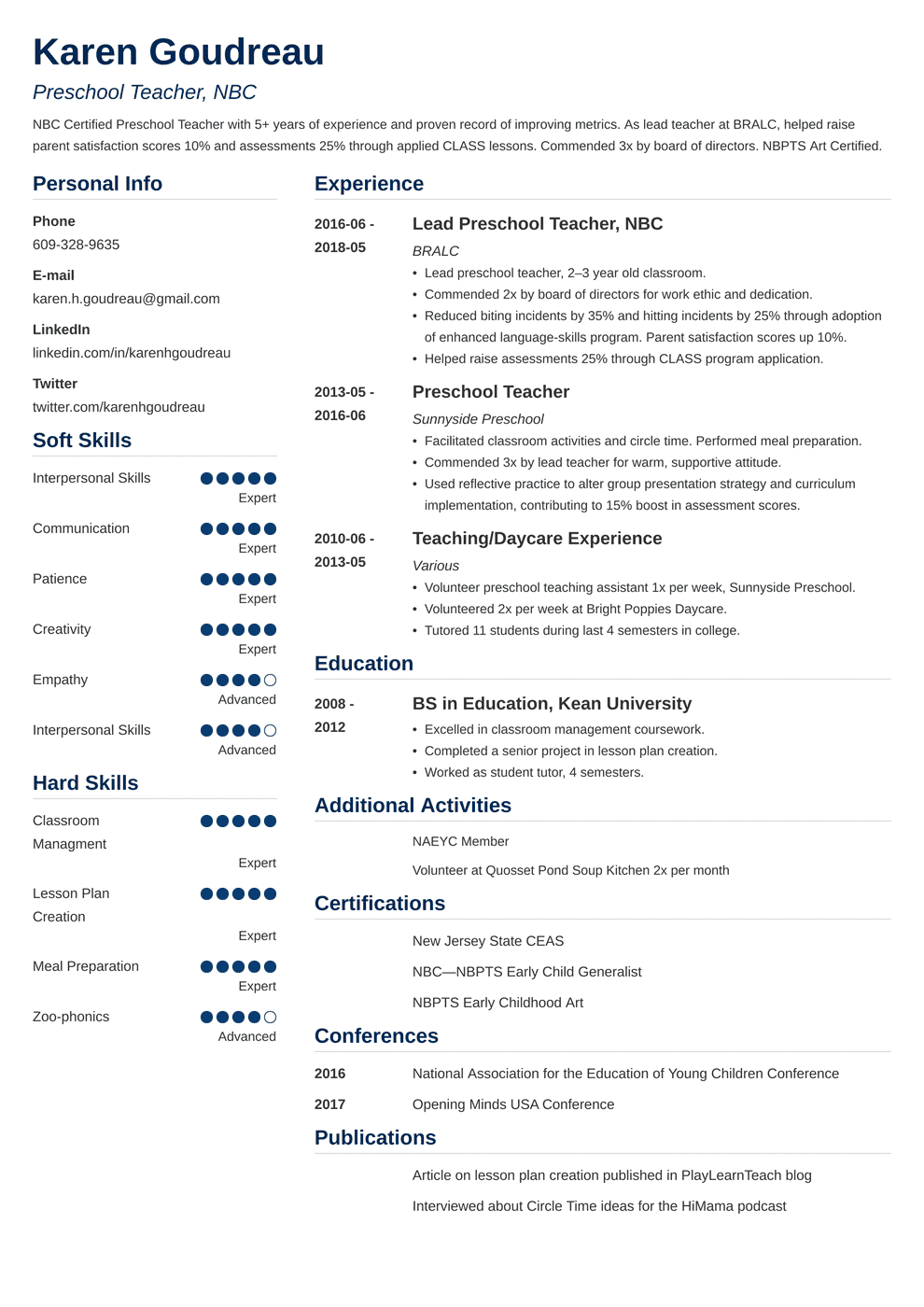 Preschool Teacher Resume Example  Pre K Job Skills