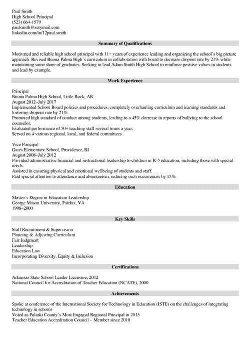principal resume example
