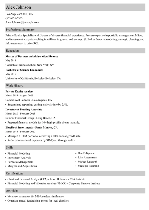 Private Equity Resume Example