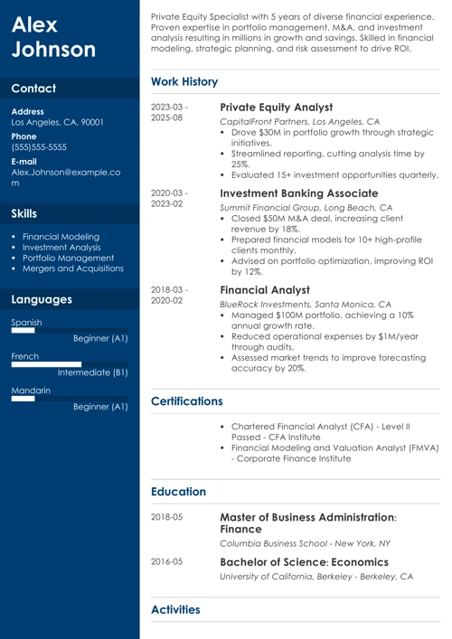 Private Equity Resume Example