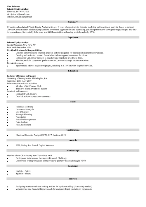 Private Equity Resume Example