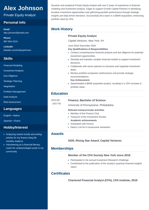 Private Equity Resume Example