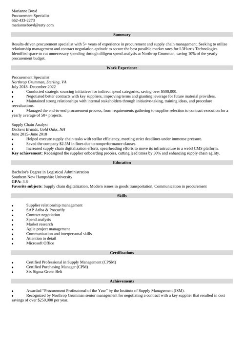 procurement specialist resume example