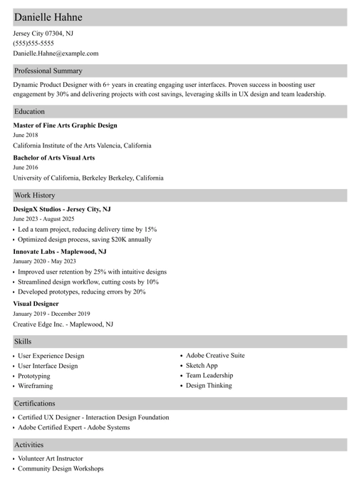 product design resume example