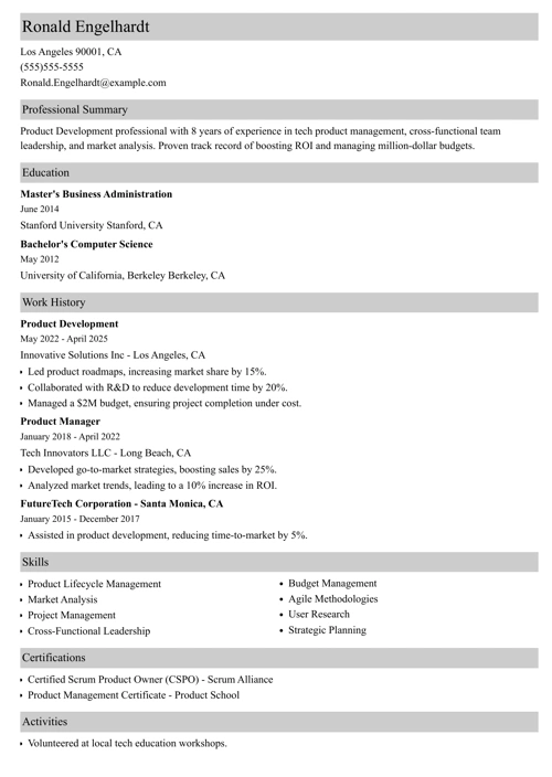 product development resume example