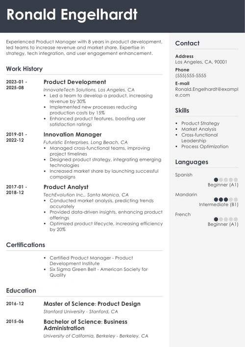 product development resume example