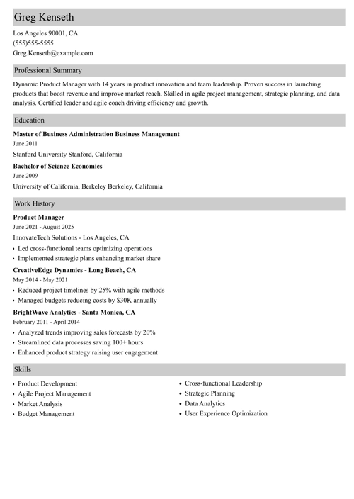 Product manager resume example