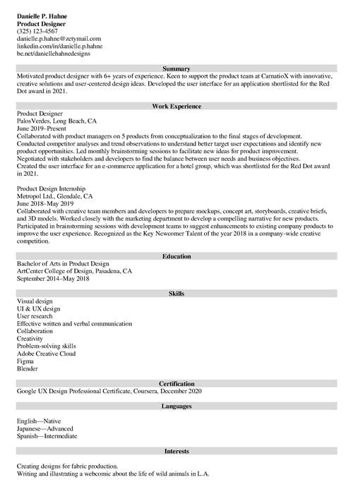 product design resume example