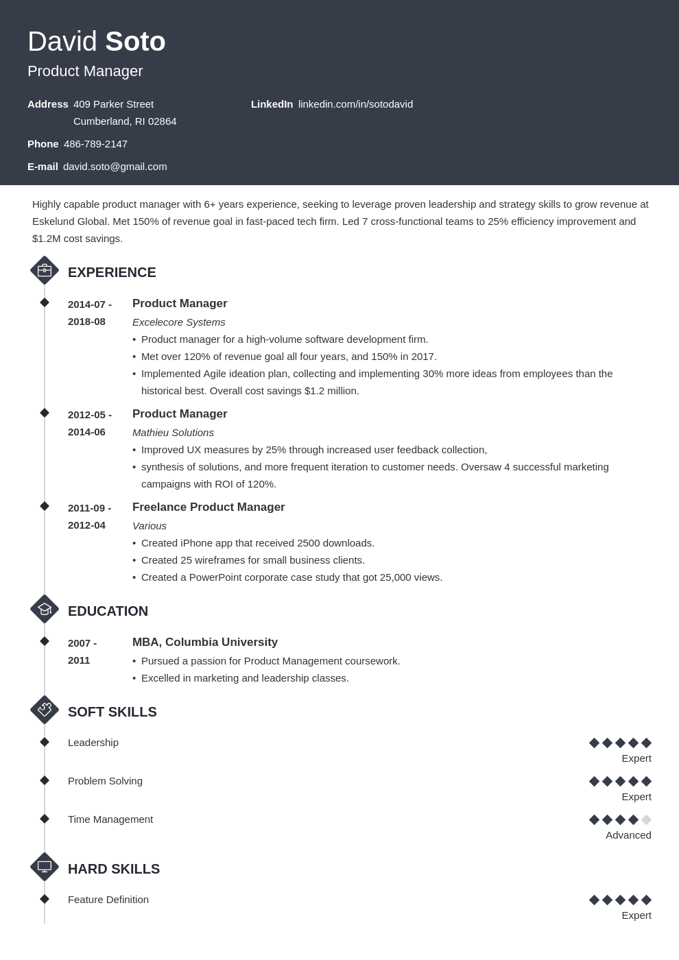 product manager resume example template diamond