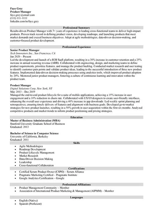 sample product manager resume with skills