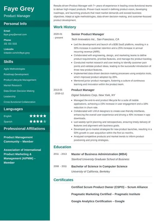 sample product manager resume with skills