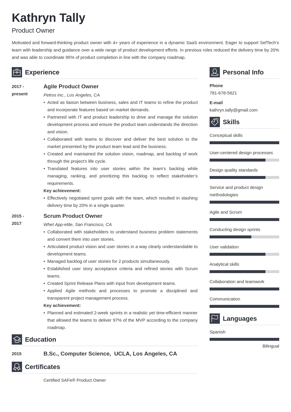 product owner resume example template vibes