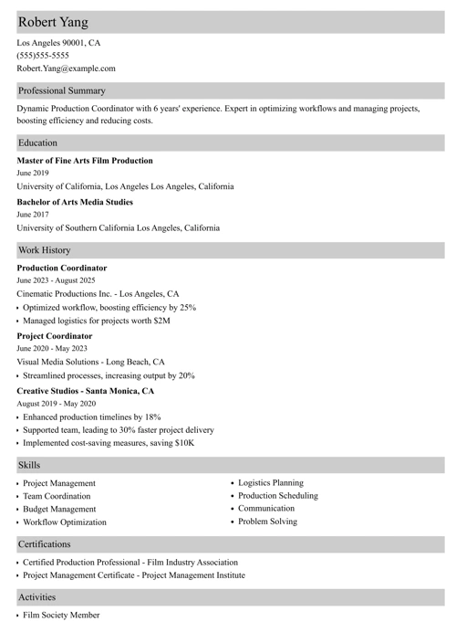 production coordinator resume example