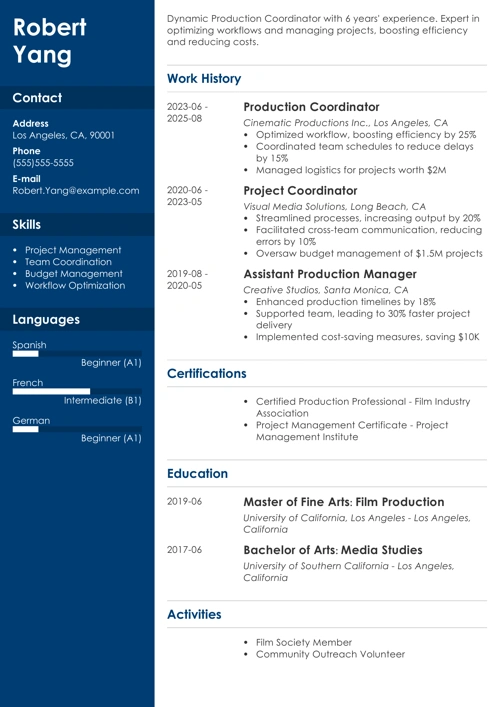 production coordinator resume example