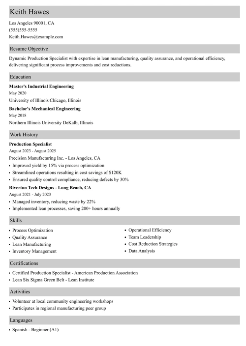 production resume example