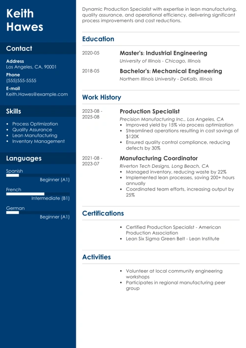 production resume example