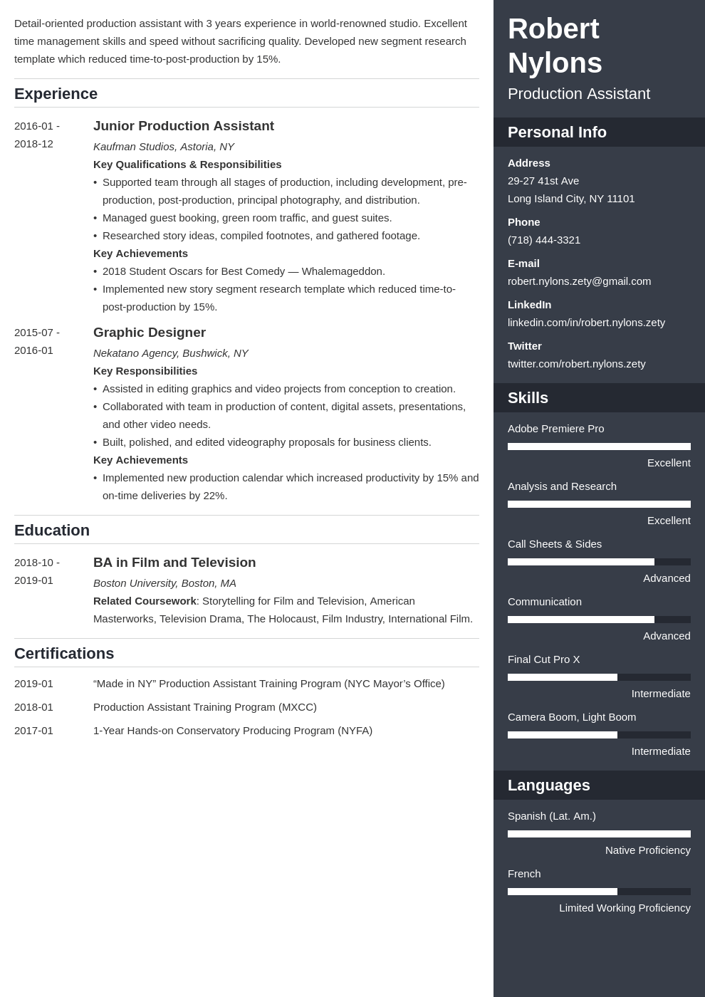 production assistant resume example template enfold