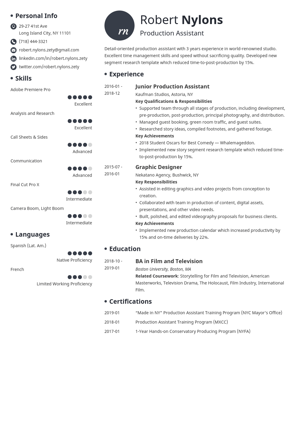 production assistant resume example template initials