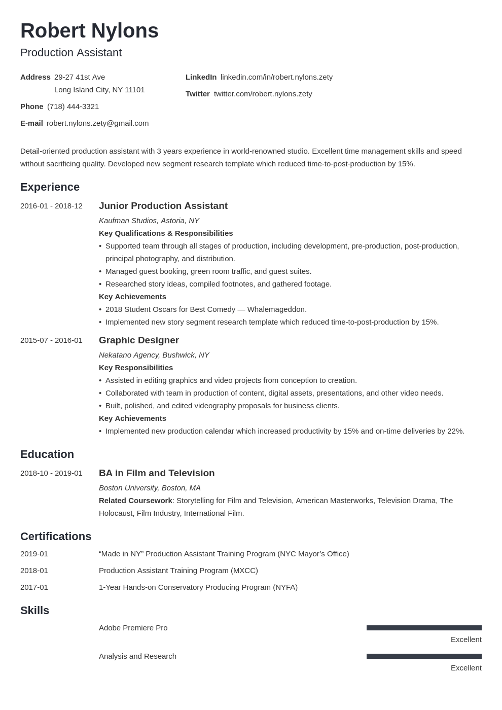 Production Assistant Resume Examples Skills For Film Or Tv