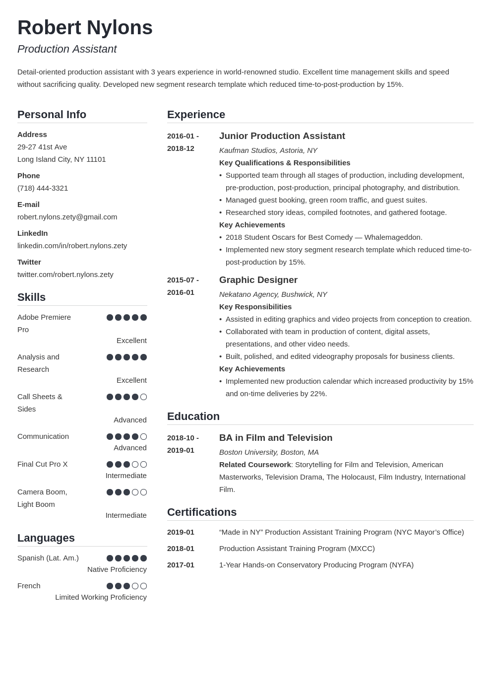 production assistant resume example template simple