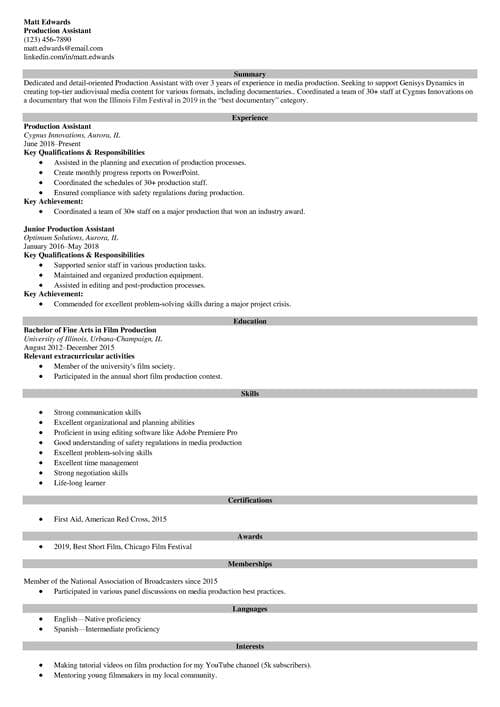 Production assistant resume example