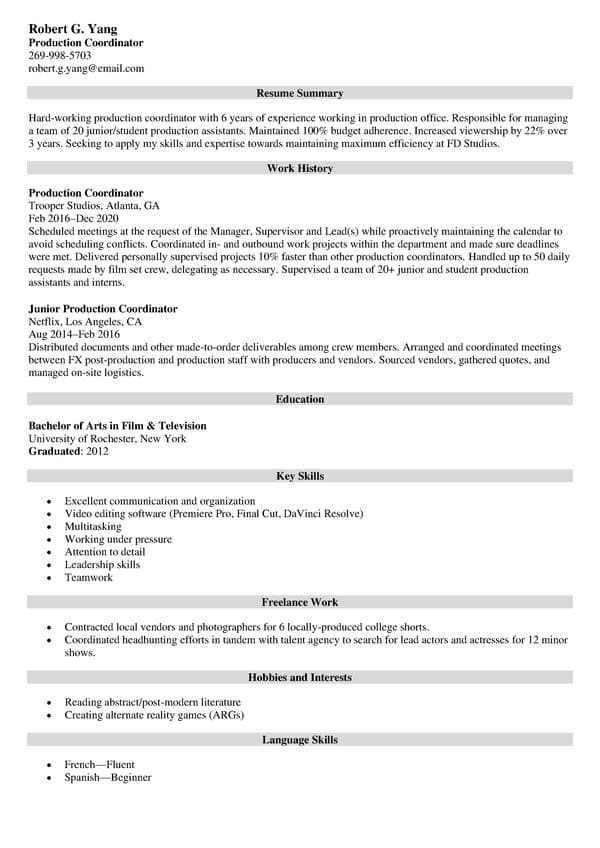 Production Coordinator Resume: Sample and Writing Guide