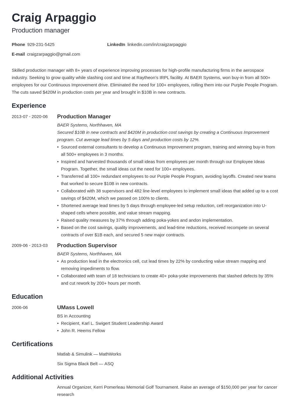 Production Resume Template