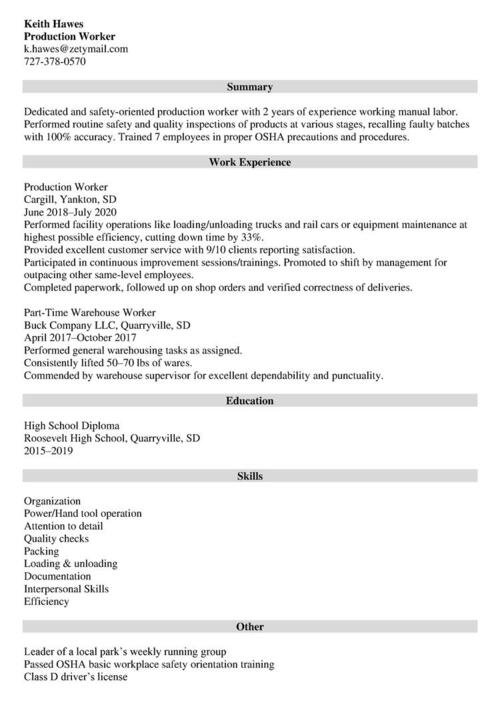 production resume example