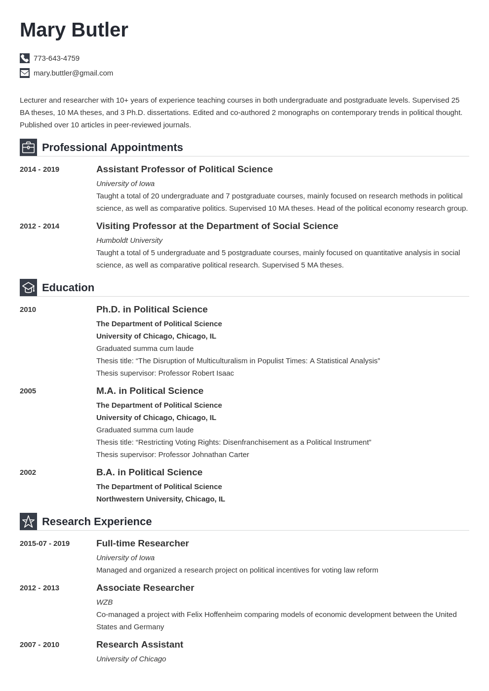 sample resume for college professor position