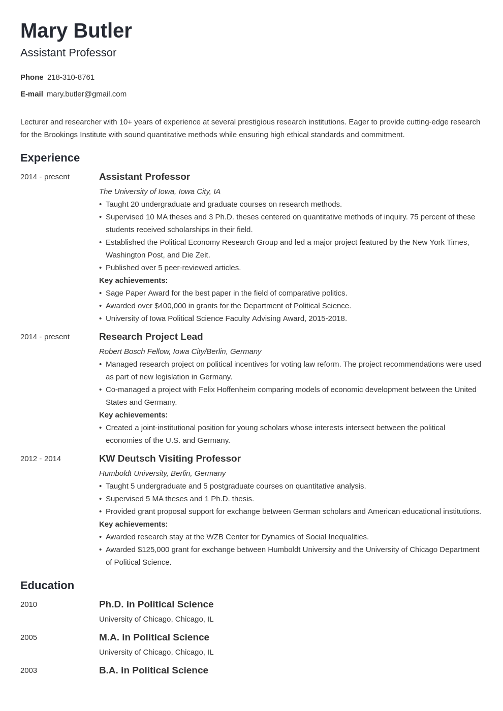 resume objective examples for professor