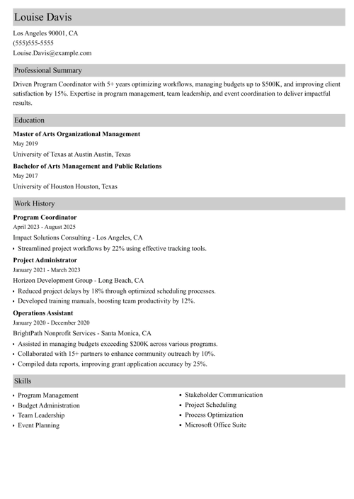 program coordinator resume example